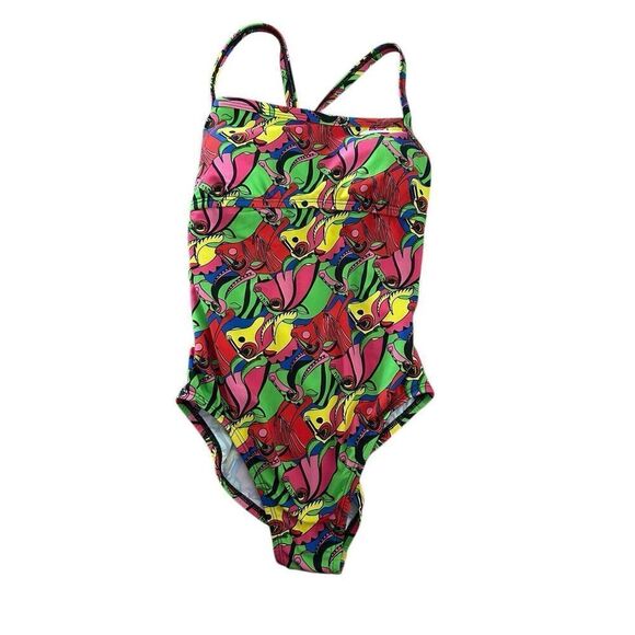 New NIKE HydraStrong Racer Back Printed Women L Red One Piece Swimsuit Cow - Picture 1 of 4